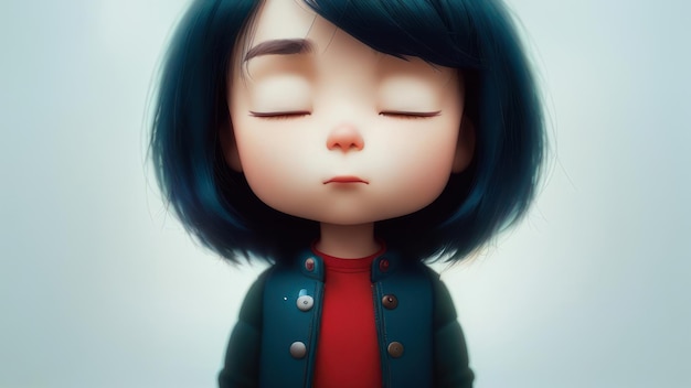 A cartoon girl with blue hair and a red shirt with the word love on it