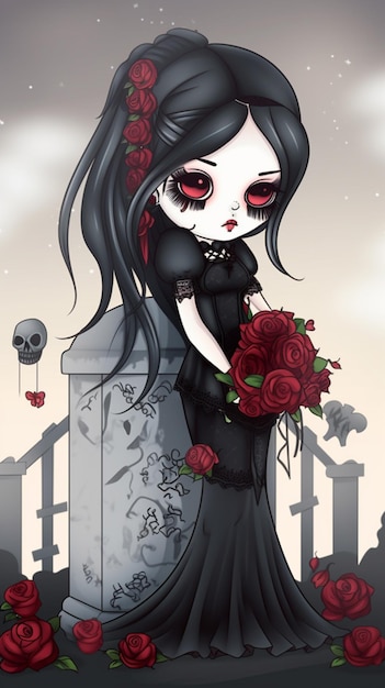 A cartoon of a girl with a bouquet of roses on her head.