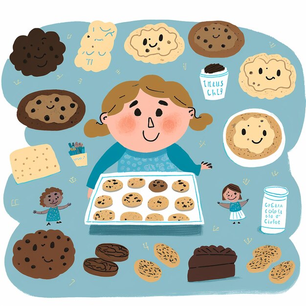 A cartoon of a girl with a box of cookies and a box of cookies.