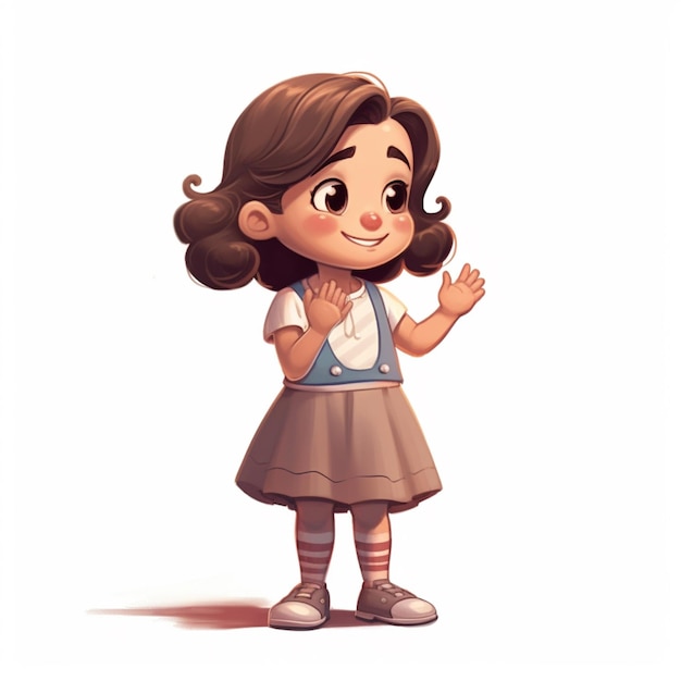 Девушка из мультфильмов с коричневыми волосами и коричневым платьем, размахивающая генеративной ай.