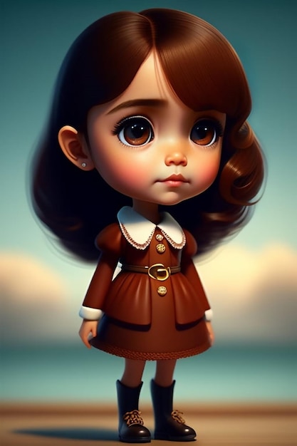 A cartoon girl with brown hair and brown eyes is looking down at the camera.