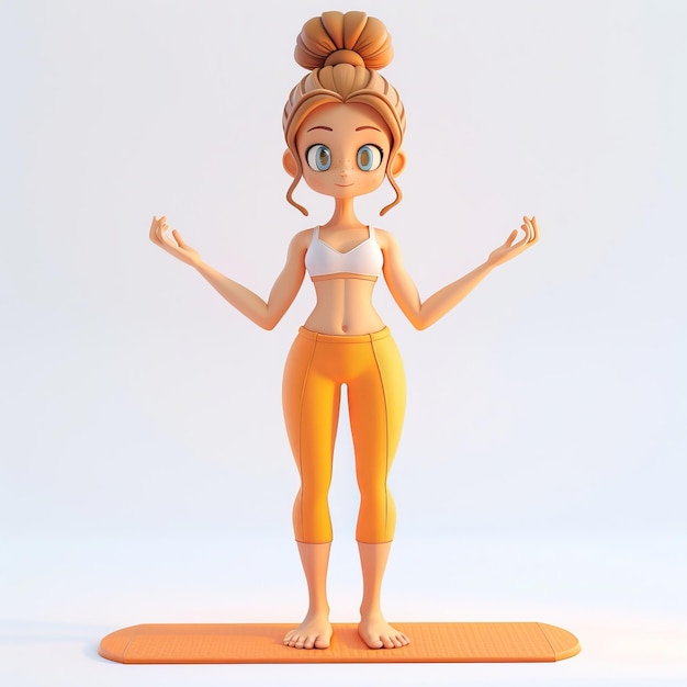 A cartoon girl with brown hair in a bun is doing yoga