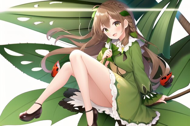 A cartoon girl with brown hair and green wings sits on a white background.