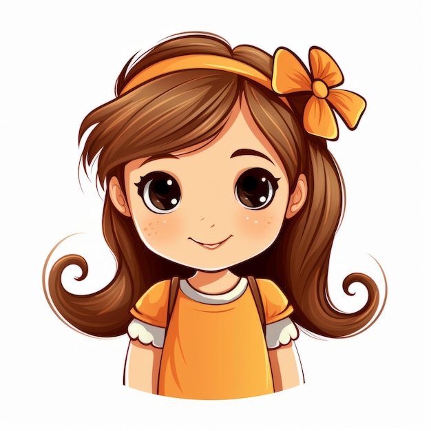 a cartoon girl with brown hair and an orange dress