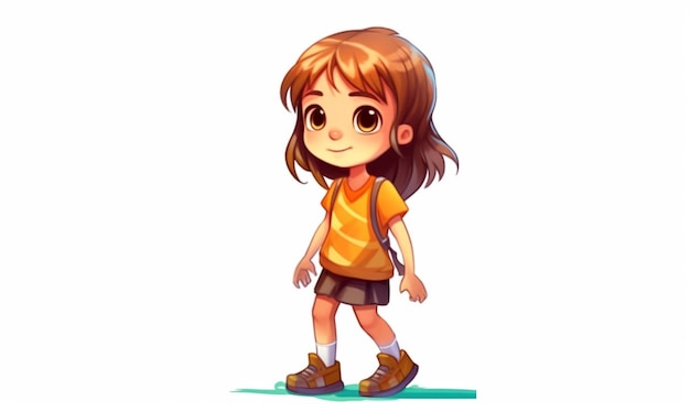 Photo cartoon girl with brown hair and orange shirt walking on grass generative ai