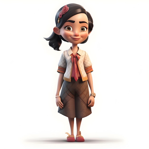 Cartoon girl with brown hair wearing a school uniform 3d rendering