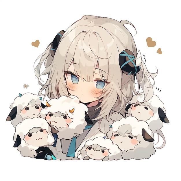 A cartoon of a girl with a bunch of sheep on her head.