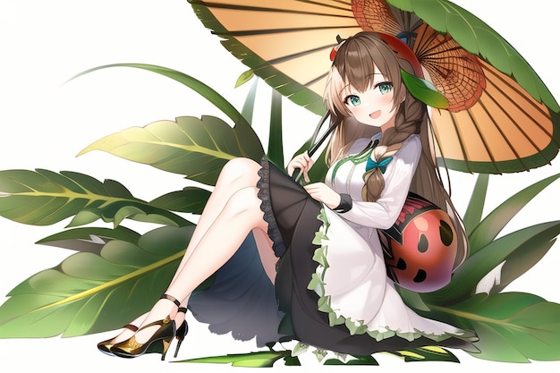 A cartoon girl with a butterfly on her arm sits under an umbrella.