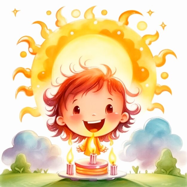 cartoon girl with a cake and candles in front of a sun generative ai