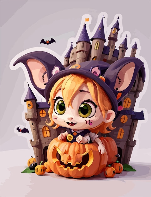 a cartoon girl with a cat in a pumpkin