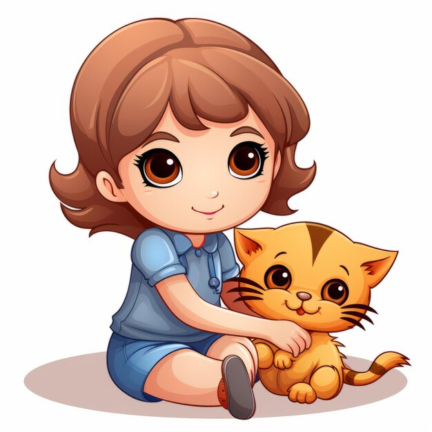 Premium AI Image | cartoon girl with cat on white background