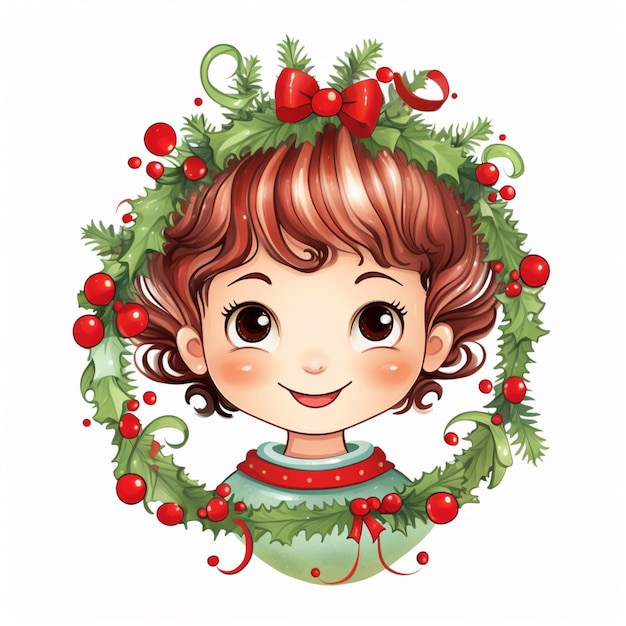 cartoon girl with christmas wreath and holly wreath generative ai