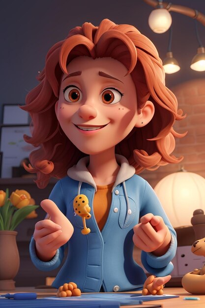 A cartoon of a girl with a cookie on her hand.