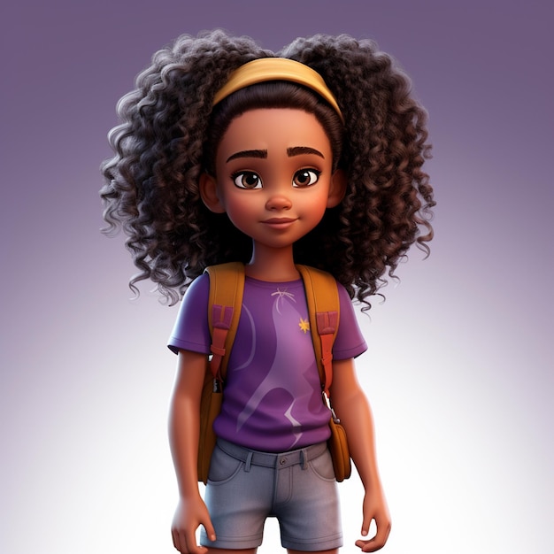 Photo cartoon girl with curly hair and backpack standing in front of a purple background generative ai