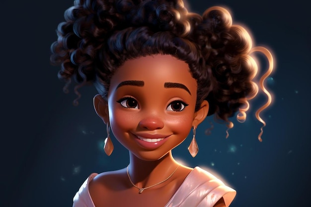 a cartoon of a girl with curly hair and a blue background.