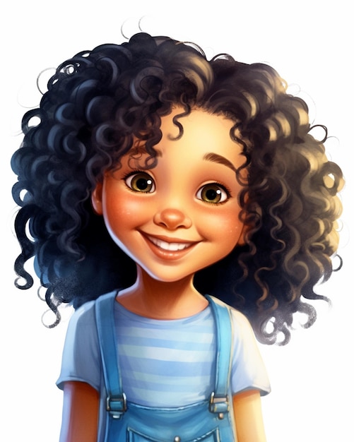 Photo cartoon girl with curly hair and blue overalls smiling generative ai