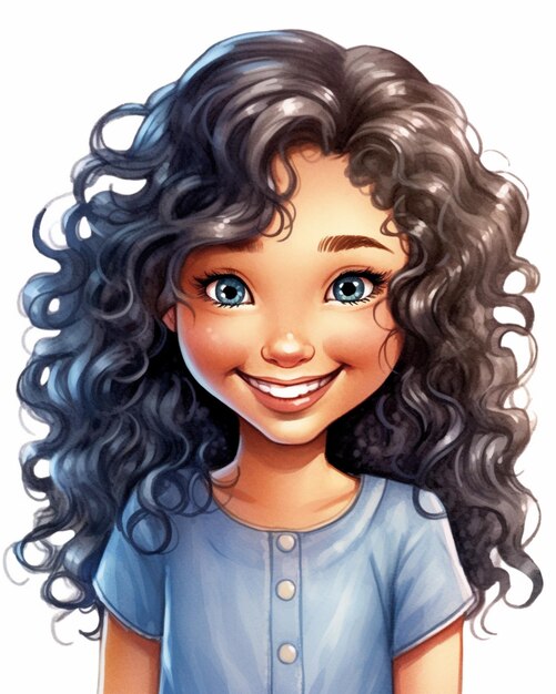 Photo cartoon girl with curly hair and blue shirt smiling generative ai