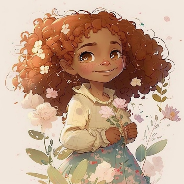 a cartoon girl with curly hair and a flower in her hand generative ai