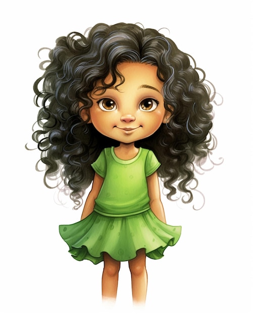 Photo cartoon girl with curly hair and green dress generative ai