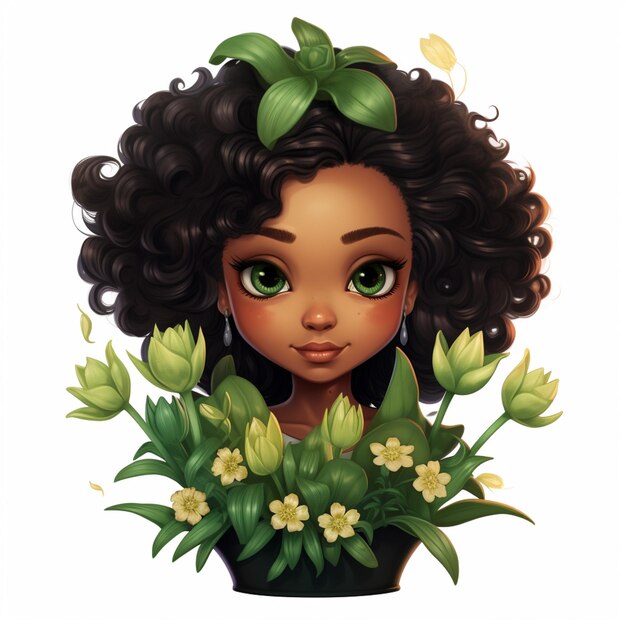 cartoon girl with curly hair and green eyes holding a pot of flowers generative ai