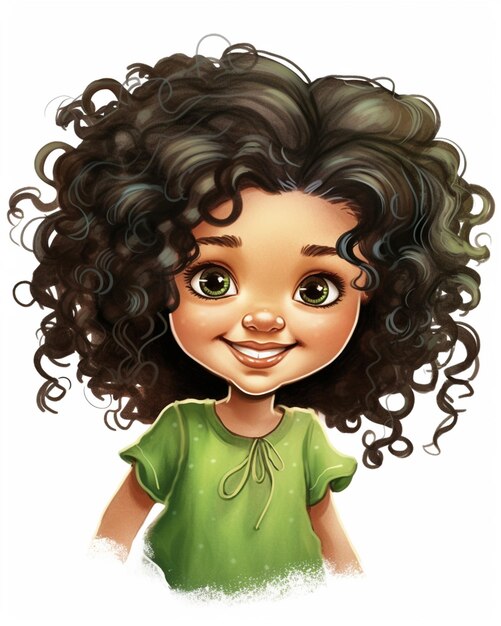 Photo cartoon girl with curly hair and green shirt generative ai