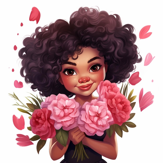 cartoon girl with curly hair holding a bunch of flowers generative ai