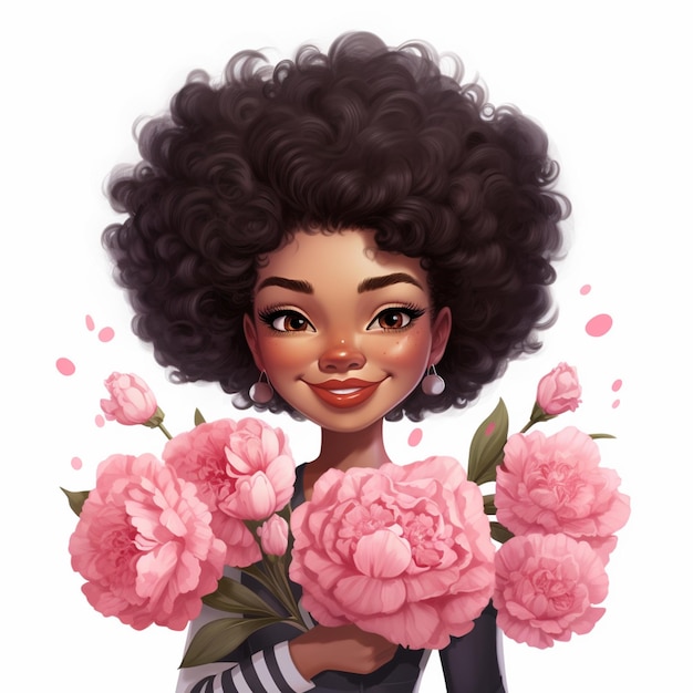 cartoon girl with curly hair holding pink flowers and smiling generative ai