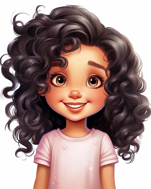 Photo cartoon girl with curly hair and pink shirt generative ai