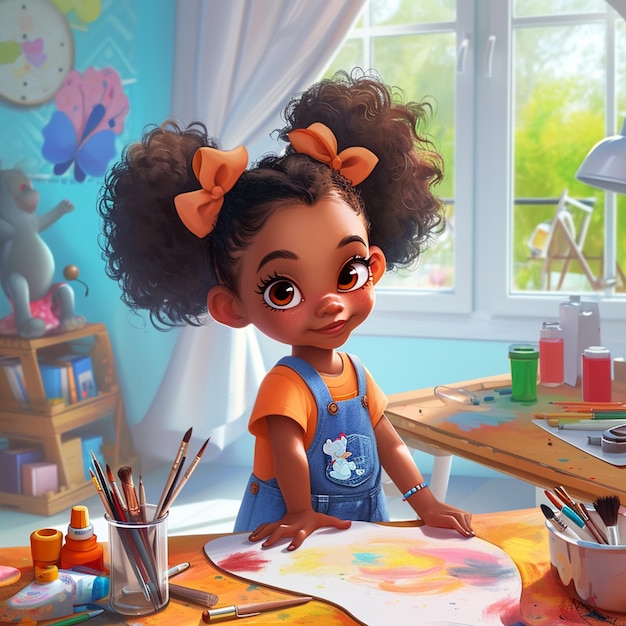 cartoon girl with curly hair sitting at a table with a painting generative ai