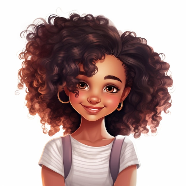 Photo cartoon girl with curly hair and suspenders smiling at the camera generative ai