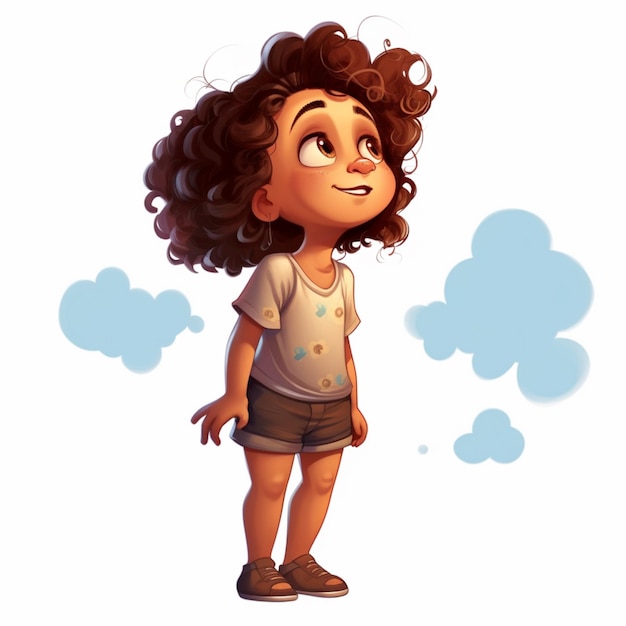 A cartoon of a girl with curly hair and a white shirt that says'i'm a boy '