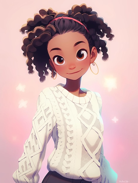 A cartoon of a girl with curly hair and a white sweater