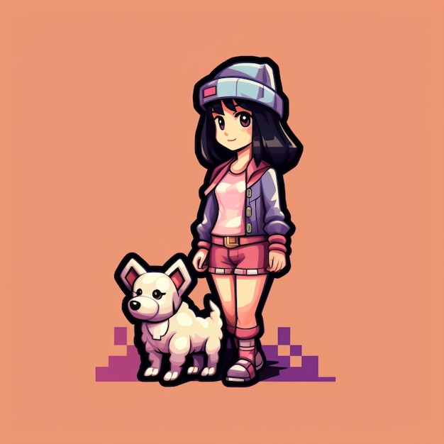 Cartoon girl with a dog on a checkered background generative ai