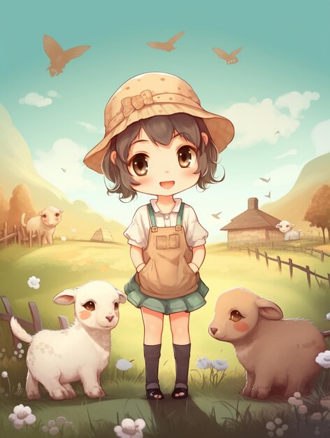 A cartoon of a girl with a dog and a farm in the background.