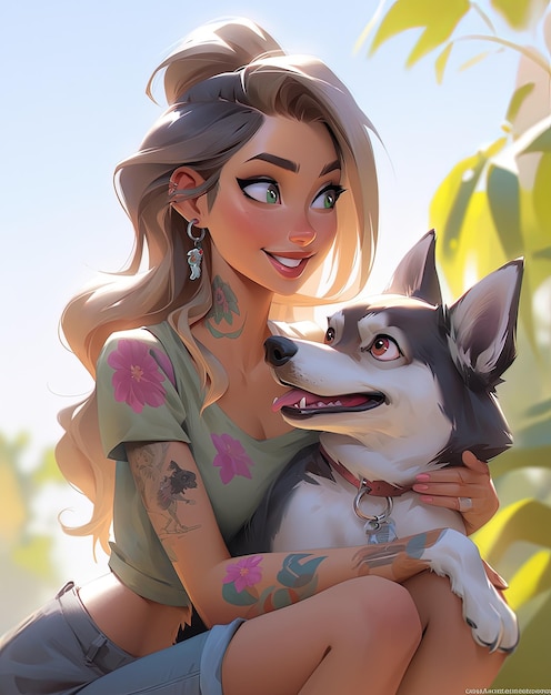 девушка из мультфильма с собакой на природе