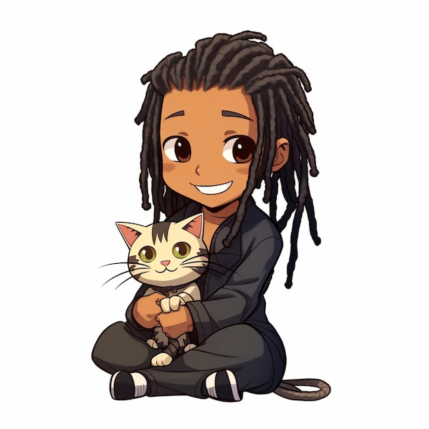 Photo cartoon girl with dreadlocks holding a cat generative ai