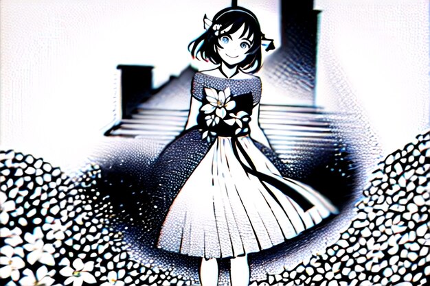 Карикатура на девушку с цветком в волосах.