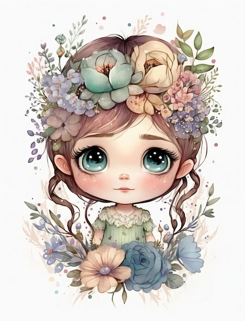 A cartoon girl with flowers on her head