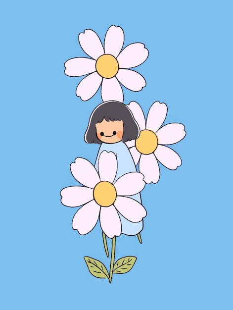 사진 파란색 배경에 꽃을 가진 만화 소녀