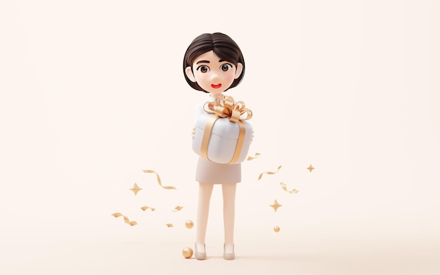 Cartoon girl with gift box 3d rendering