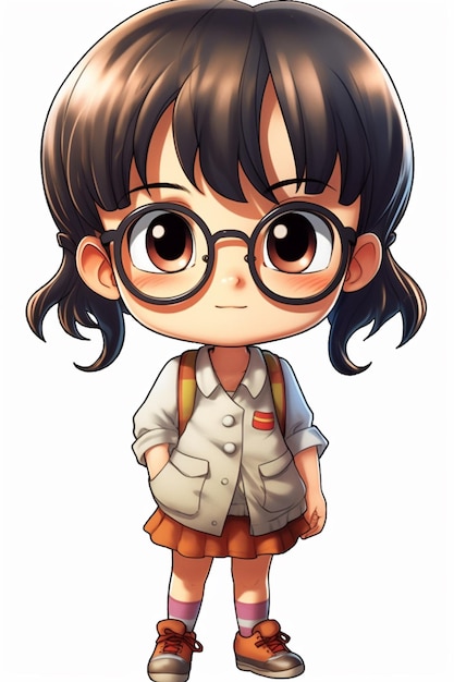 a cartoon girl with glasses and a backpack standing in front of a white background generative ai