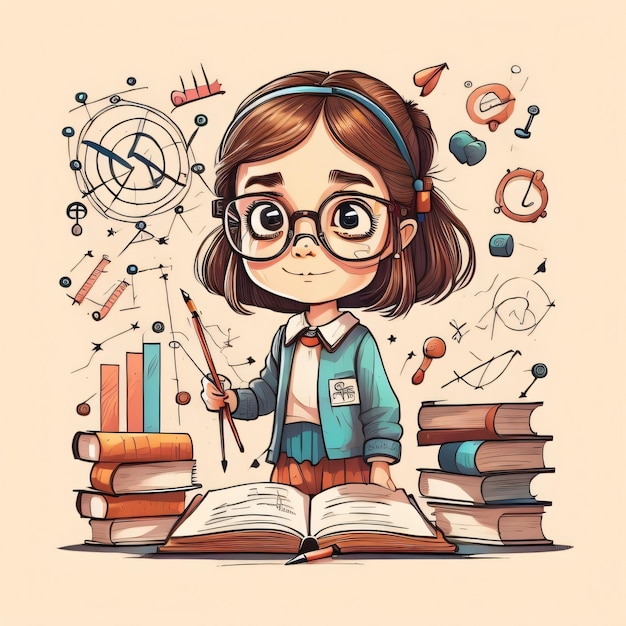 A cartoon of a girl with glasses and a book about science