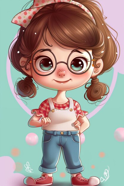 Photo cartoon girl with glasses and a bow standing in front of a circle generative ai