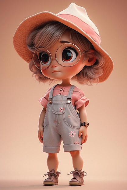 Cartoon girl with glasses and a hat standing in front of a beige background generative ai