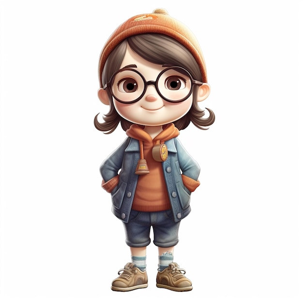 A cartoon girl with glasses and a hat with the word's on it