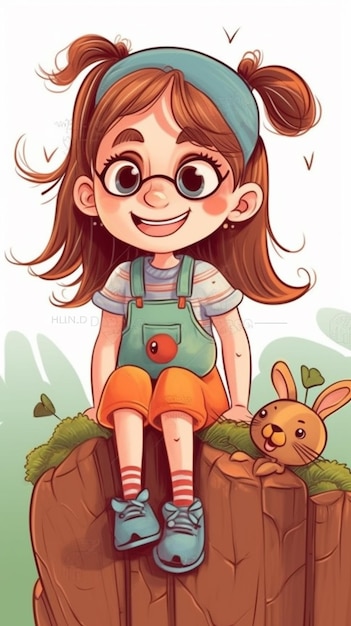 A cartoon girl with glasses and a rabbit sitting on a rock