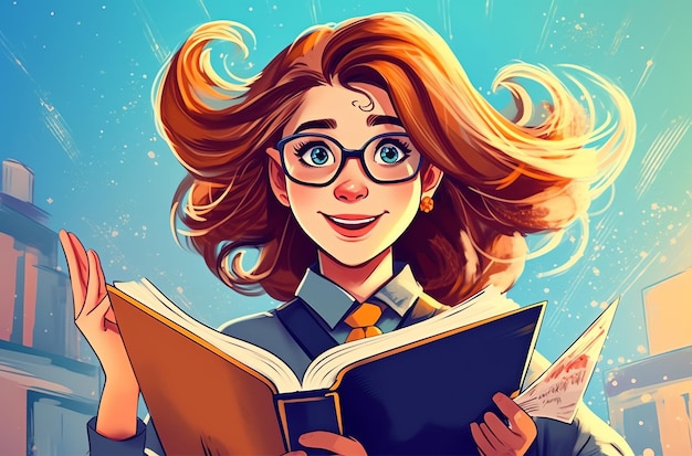 A cartoon girl with glasses reading a book
