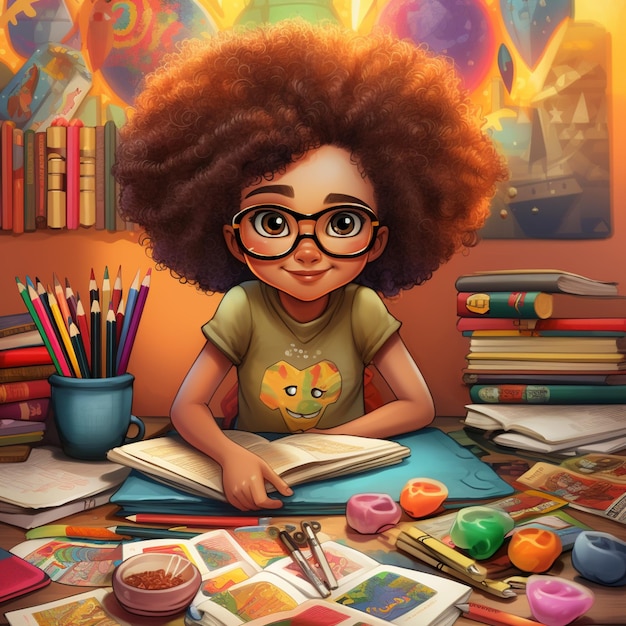 Cartoon girl with glasses sitting at a desk with a book and pencils generative ai