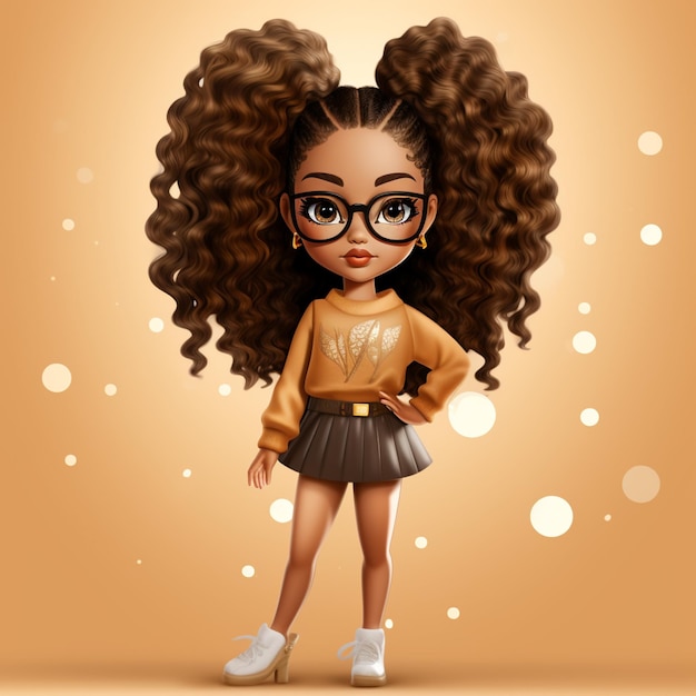 Photo cartoon girl with glasses and a skirt standing in front of a brown background generative ai