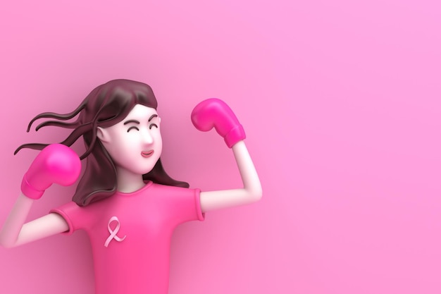 유방암 캠페인의 달에 장갑을 끼고 있는 만화 소녀